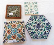 Quantity of Isnik pottery to include hexagonal glazed pottery tile with polychrome floral design,