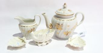 Late 18th century English porcelain teapot, wrythen with pointed finial to the slightly domed cover,