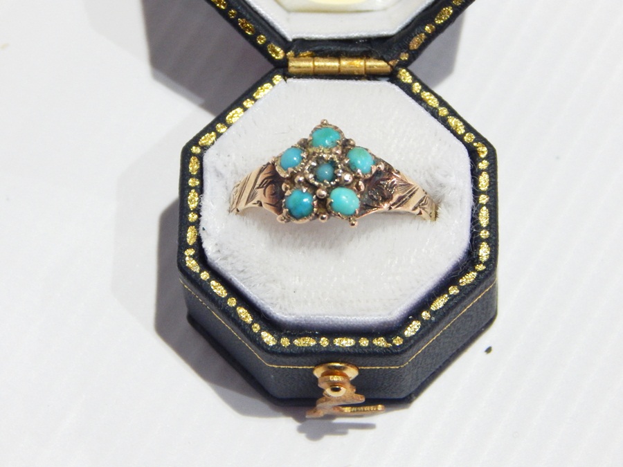 A turquoise cluster ring on an 18ct gold band