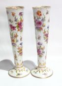 Pair Dresden porcelain vases, each circular and tapering with gilt foliate and scroll borders,