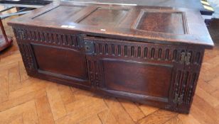 18th century panelled oak converted coffer, the front with fluted surrounds,