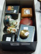 Halycon Days enamel collectors box, similar enamel eggs, travelling alarm clock, etc.