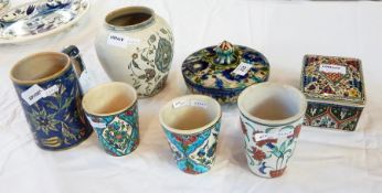 Quantity of Isnik pottery to include mug of tapered form,