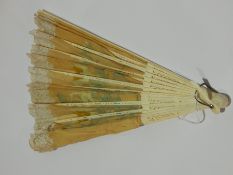 A pierced ivory, painted silk and lace fan,