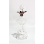 A glass glug-glug decanter and stopper with silver plated mounts,