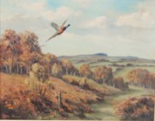Peter Oliver 
Oil on canvas
Pheasant flying over landscape, signed bottom left,