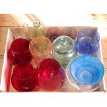 A quantity of glassware to include a Sherekat blue studio glass bowl, ruby glass brandy balloon,