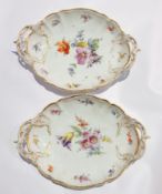 Pair 19th century Nymphenburg porcelain dishes, each oval with pair pierced scroll handles,