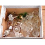 A quantity of glassware to include champagne saucers, moulded glass bowl with ruby flash rim,