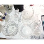 A quantity of cut glassware to include bowls, tray, candlestick, vases,