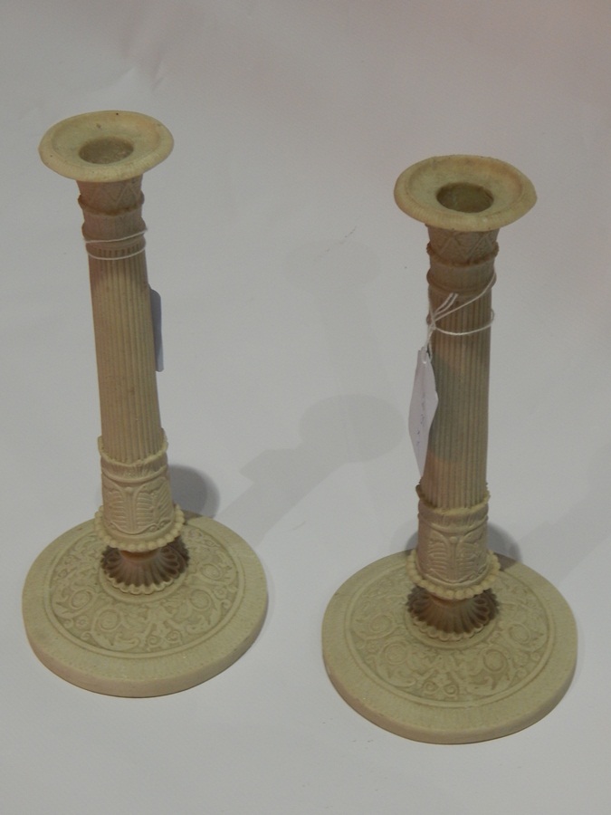 Decorative Oriental dome topped box, pair of parian style column candlesticks,