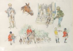 Pair watercolour drawings 
Vignettes of hunting scenes,