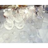 A quantity of glassware to include cut glass cylindrical decanter and stopper,