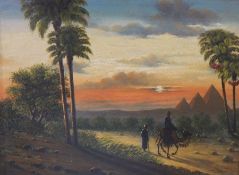 M Gaalan(?)
Oil on canvas
Camel riders through Egyptian desert with pyramids in the background,