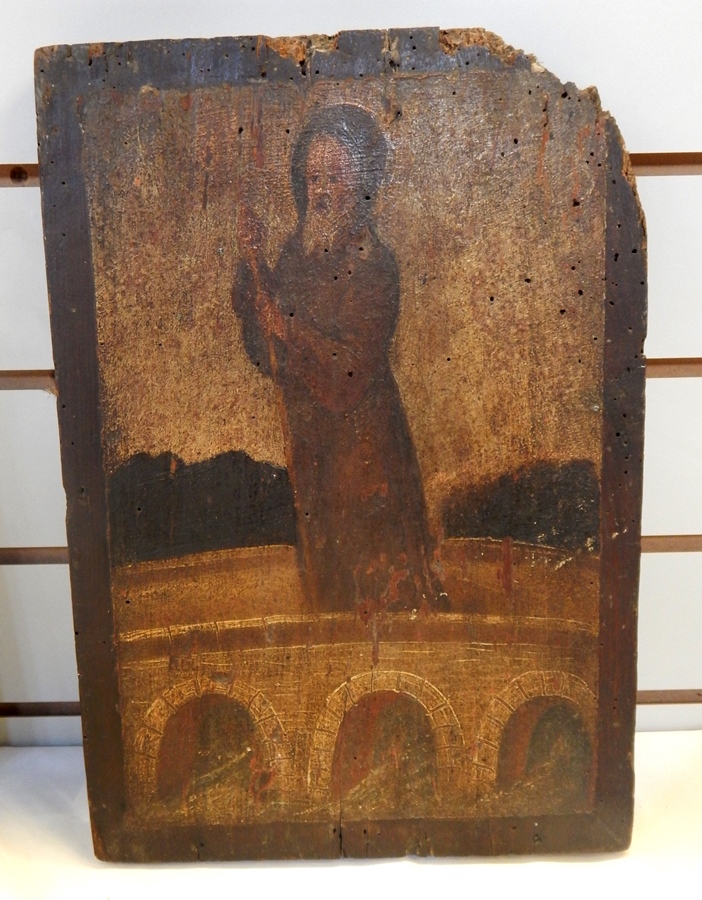 Russian double-sided icon
Oil on panel 
Polychrome saint with staff upon bridge, possibly St