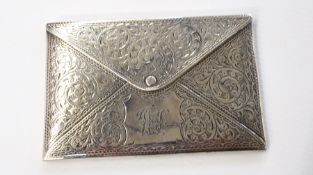 Edwardian silver card case of envelope design, with foliate scrollwork engraving, Birmingham 1903,