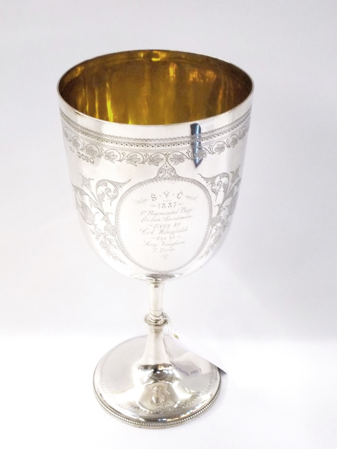 Victorian silver regimental presentation goblet with bright cut engraving,