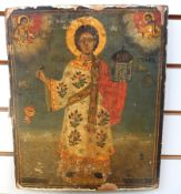 Russian icon
Oil on panel
Polychrome with gold leaf depicting St Stephen holding his attributes