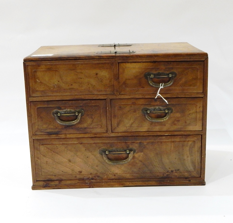 Eastern figured wood table-top chest of three short and one long drawer,