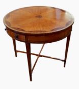 Sheraton period satinwood drum-topped table with radiating panels and a scalloped border of burr