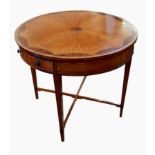 Sheraton period satinwood drum-topped table with radiating panels and a scalloped border of burr