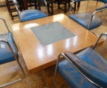 Art Deco burr, polished wood and smoked glass coffee table, 100cm  Live Bidding: One corner of glass