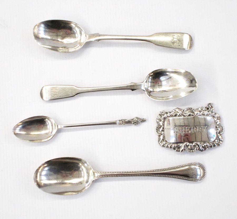 Two 19th century silver 'fiddle' pattern teaspoons, another 'reed' pattern,