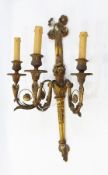 Pair 19th century gilt gesso wall lights, each three-branch with ribbon, floral,