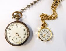 Continental silver open-faced pocket watch in 800 mark case and gilt metal and enamel pendant fob