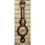 Early 19th century rosewood wheel barometer with swan neck pediment, dry/damp dial and thermometer,