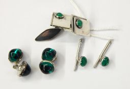 Pair silver-coloured metal and green stone cufflinks together with two pairs of green stone set