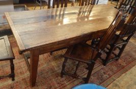 Antique elm refectory dining table with four-board top and on square tapering supports with plain