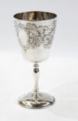Silver goblet with round funnel bowl, scroll engraved, on circular foot,
