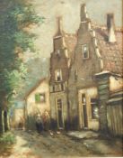 20th century continental school
Oil on board 
Figures in a street beside gable ended houses,