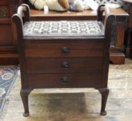 Three drawer piano stool, geometric patterned cushion,