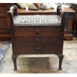 Three drawer piano stool, geometric patterned cushion,