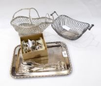 Metal filigree wine basket, pair of salad tongs, tray with beaded border, trio of salt,