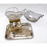 Metal filigree wine basket, pair of salad tongs, tray with beaded border, trio of salt,