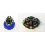 Arts & Crafts silver, turquoise and amethyst ring marked ZW & Co and matching brooch,