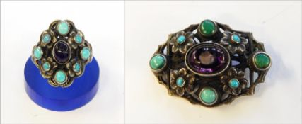 Arts & Crafts silver, turquoise and amethyst ring marked ZW & Co and matching brooch,