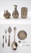 Indian silver vesta case, small circular dish, Chinese spoon, miniature vase and pot,