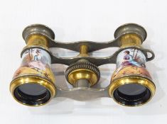 Pair gilt metal and enamel opera glasses decorated in enamels with pair 18th century figures in