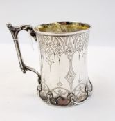 Victorian silver christening mug, waisted, engraved with embossed and reeded handle, London 1847,