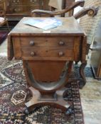 Victorian mahogany sewing table, drop leaf, with two drawers, sliding silks drawer, on curved