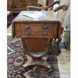 Victorian mahogany sewing table, drop leaf, with two drawers, sliding silks drawer, on curved