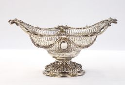 Victorian silver neoclassical design oval basket with open fretwork bowl, patera and swag design,