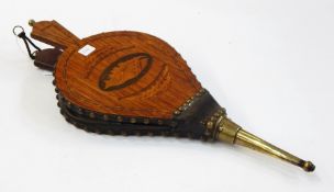 Late 19th/early 20th century oak and brass inlaid leather bellows,