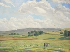 W L Clark 
Oil on canvas
Moorland scene with horse and chickens in foreground, hills in background,