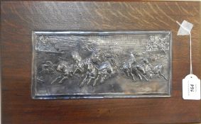 Rectangular silver plated relief plaque of chariot racing in the Colosseum,