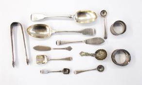 Pair of William IV silver 'fiddle' pattern tablespoons, two silver butter knives,